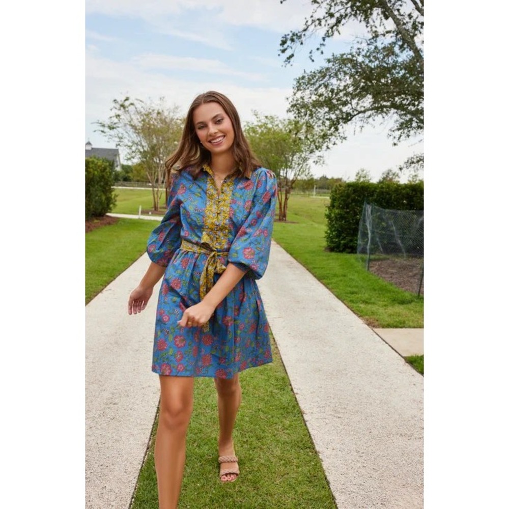 Hermoza Hale Collared Mini Dress Dusky Bloom Blue Floral‎ Cotton XS NWT $248